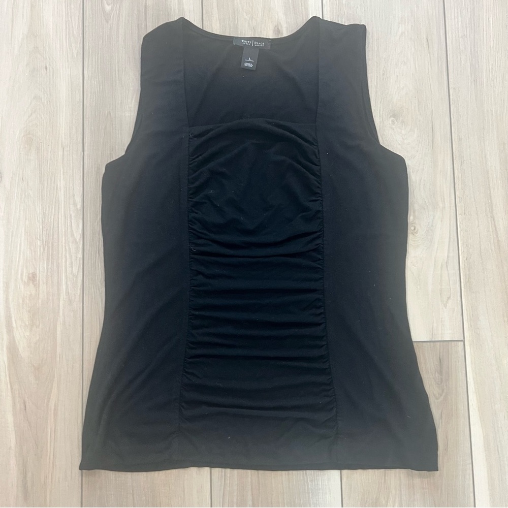 WHBM White House Black Market Ruched Black Tank Top Size L – Flattering Stretch